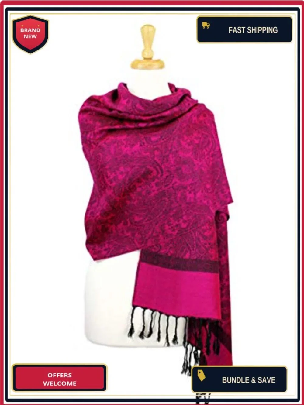 Paisley Jacquard Pashmina Shawl Wrap Scarf Stole - Viscose Acrylic, Lightweight